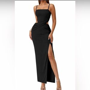 NWT-Elegant Black cutout ruched bodycon maxi dress with a thigh-high slit.